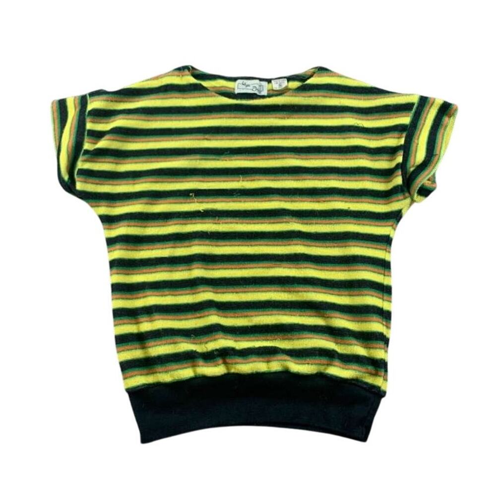 Wye Oaks‎ Knit Top Women M Yellow Multi Striped Short Sleeve Crewneck Pullover
